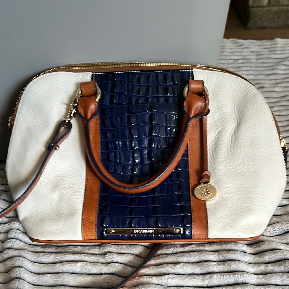 Brahmin White Navy Croc-Embossed Satchel with Tan Trim